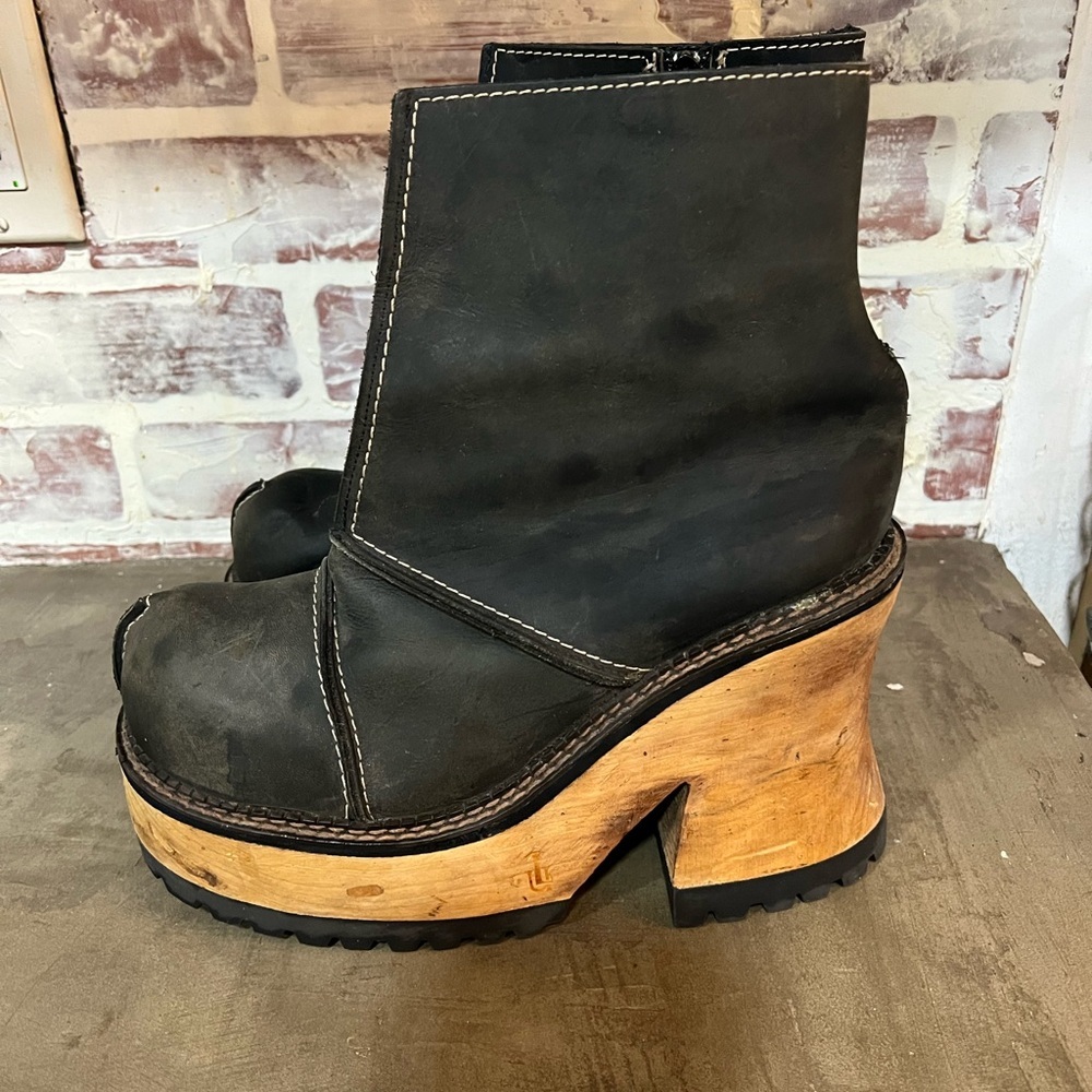 Women's Black Leather Platform Ankle Boots
